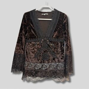 Passion Concept Chocolate Brown Y2K Velvet Boho Lace Beaded Top Size Medium